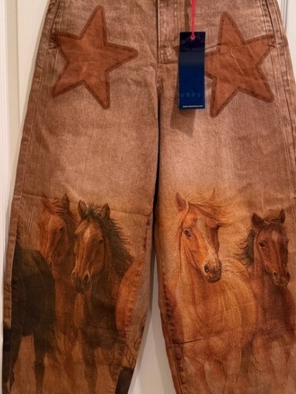 VBRT Brown Horse-Print Wide Leg Jeans with Star Patches Barrel jeans